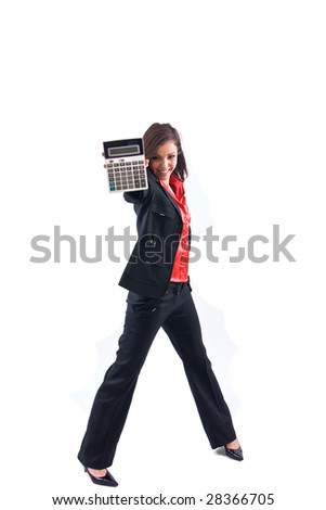 Woman and calculator shoot in studio white background.