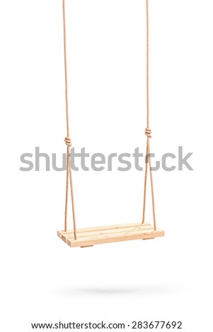 Vertical studio shot of a wooden swing hanging on a couple of ropes isolated on white background Royalty-Free Stock Photo #283677692