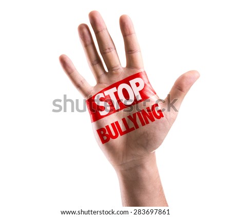Open hand raised with the text: Stop Bullying isolated on white background