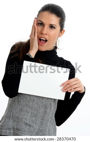Half body view of woman holding a blank sign in business wear, with free space for custom message. Isolated on white background.
