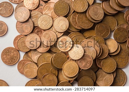 A pile of euro cents over white background