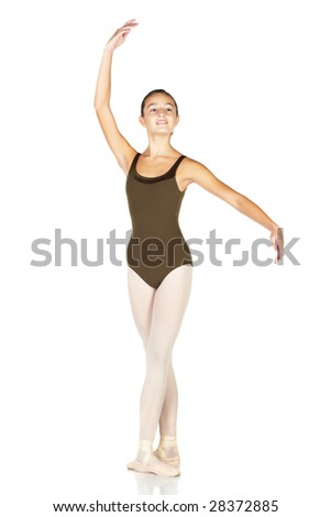 Young female ballet dancer showing various classic positions on a white background - Croise with opposite arm. NOT ISOLATED