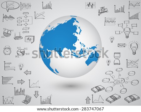 Business world map globe with creative doodle graph and chart, Vector Illustration EPS 10.