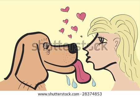 hand drawn dog and girl kissing
