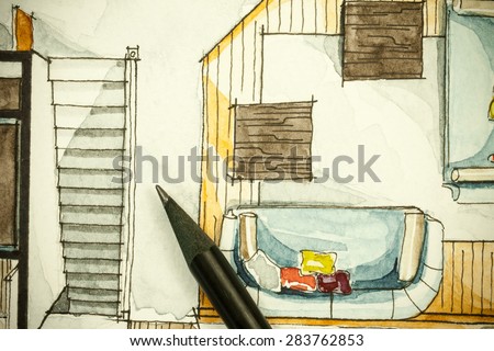 Watercolor aquarelle and black ink freehand sketch painting of apartment floor plan living room drawn by hand, with a black sharp pencil, showing unique concept to real estate and architectural design