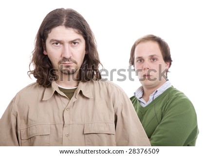 Two casual men posing, isolated over white background