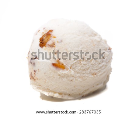 front view of a single walnut ice cream scoop isolated on white background