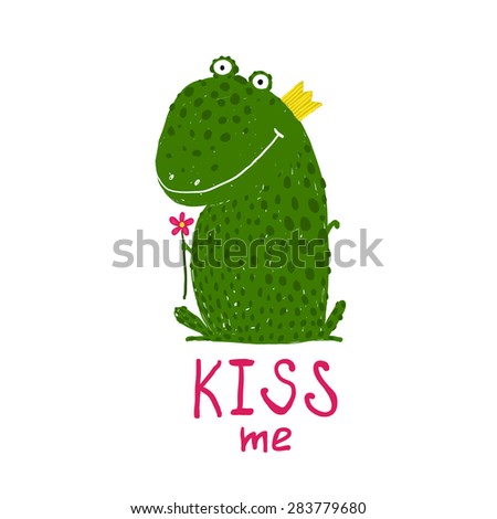 Fun Green Magic Frog Asking for Kiss Smiling. Cute humor fairy tale holding a flower hand drawn illustration. 