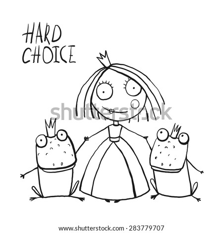 Princess Making Choice between Two Prince Frogs Coloring Page. Fun childish hand drawn outline illustration for kids fairy tale.