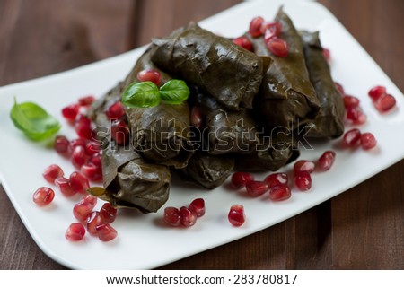 Traditional eastern dolma or vine leaves with stuffing, close-up, selective focus