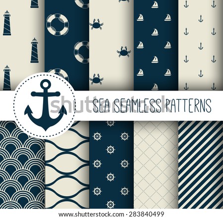 Set of sea and nautical seamless patterns. Vector illustration. Royalty-Free Stock Photo #283840499