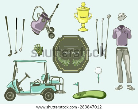 hand drawn set golf club collection in sketch style