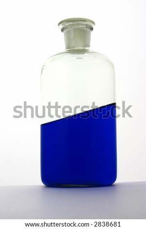 Close up at laboratory bottle filled with tilted liquid