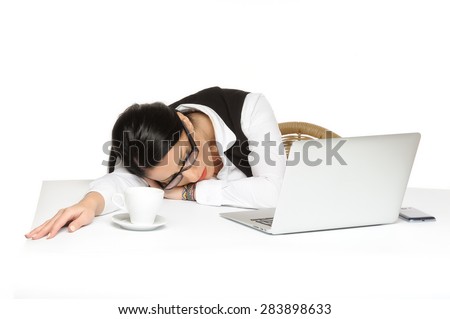 bored young businesswoman has problems while using laptop.isolated on white