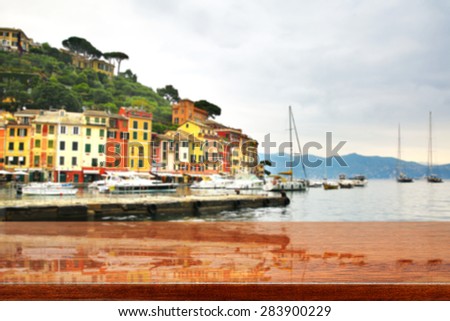 Portofino background and red desk of free space 