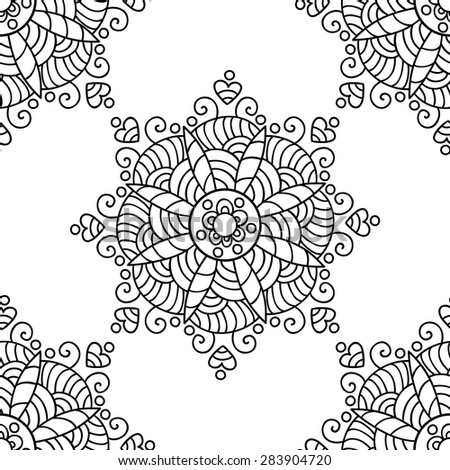 Monochrome vector flower seamless pattern. Black and white background.