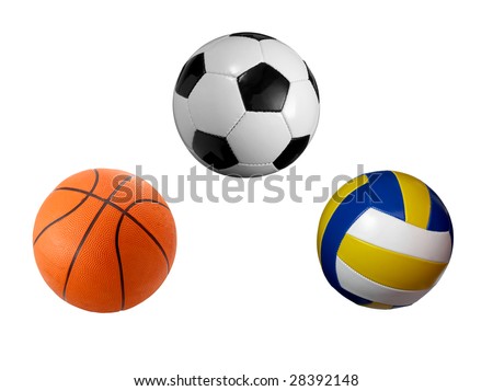 closeup of soccer, basket and volley ball on white background. each one is a separate picture in full cameras resolution