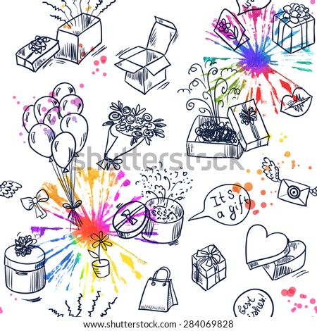 Seamless pattern with doodle hand drawn symbols of gifts, presents and celebration. Vector illustration
