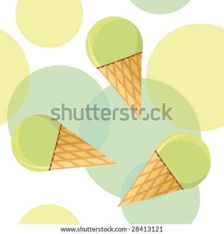 Seamless pattern with pistachio ice-cream on spotted background. Vector illustration.
