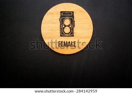 Wood label of female toilet with vintage camera 