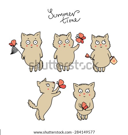 Set of vector illustration with a cute cat in cartoon style. Beautiful greeting cards. Summer day