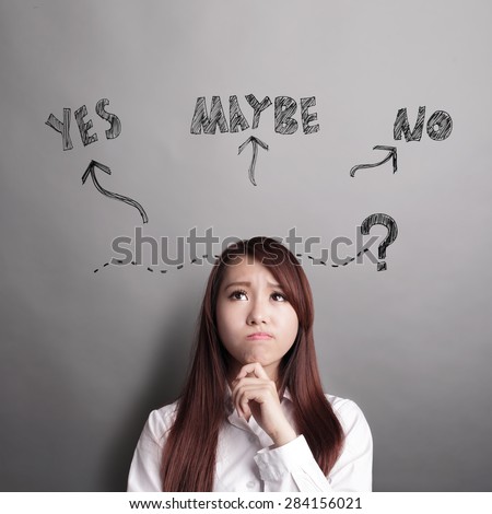 Thinking business woman and look copy space isolated on grey background with finger at face, asian beauty Royalty-Free Stock Photo #284156021