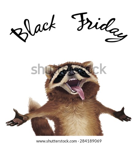 Happy raccoon with arms outstretched to the sky. Black Friday with Place for Your Text.