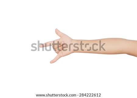 Kid hand shown I love you on isolated white background