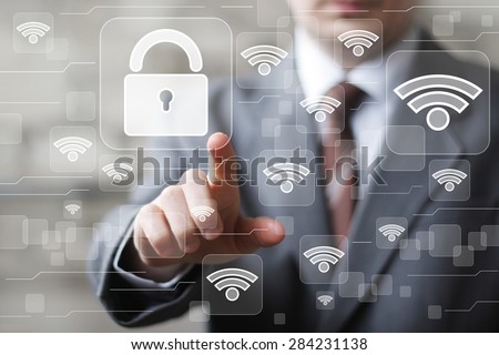 Social network Wi-Fi businessman presses button security lock icon
