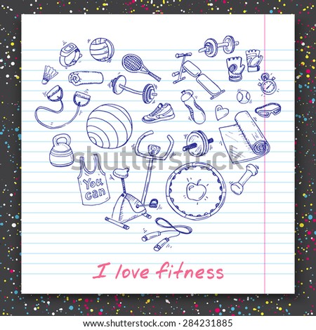 Hand drawn vector illustration set of fitness and sport sign and symbol doodles elements. 