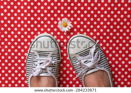 A daisy and striped pumps on red polka dots
