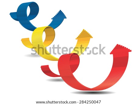 Set of 3d vector bended arrows with perspective pointing to the up right, consisted from small cubic elements, isolated on white background, business vector background, infographic diagram elements