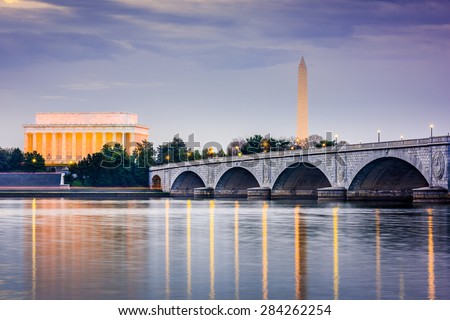 Washington DC, USA skyline on the Potomac River with Lincoln Memorial, Washington Monument, and Arlington Memorial Bridge. Royalty-Free Stock Photo #284262254