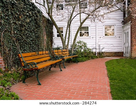 Two benches on a brick pathway under a magnolia tree.
