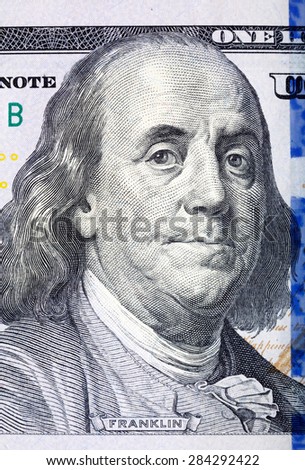Portrait of Benjamin Franklin from one hundred dollars bill new edition.