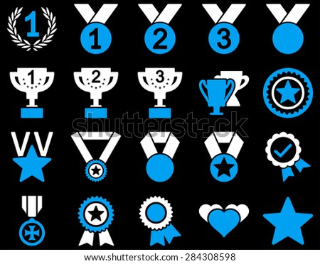 Competition & Success Bicolor Icons. This icon set uses blue and white colors, rounded angles, black background.
