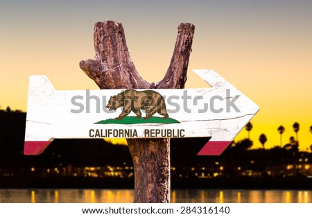 California wooden sign with sunset background