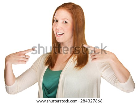 Young adult white female pointing fingers at herself