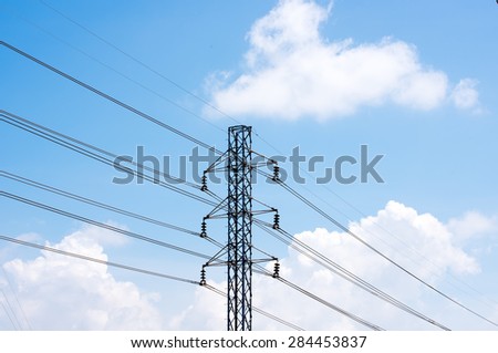 Electric post. High-Voltage Electric Tower in the blue sky background.