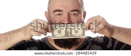 close-up portrait of a man with money in his mouth on a white background studio