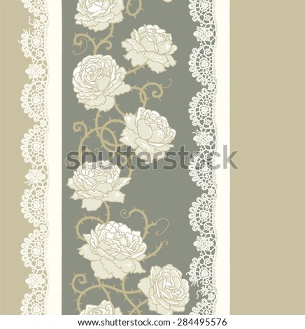 Vertical Roses Seamless Pattern. White Lace. Beige Background. Set.
