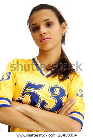 African american football player girl with attitude look - isolated on white.