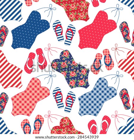 Cute seamless vintage pattern with swimsuits and flip-flops in shabby chic style