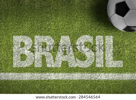 Soccer field with the text: Brazil (in Portuguese)