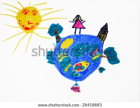 child`s picture. Round earth with girl, tree, house and flower. White background