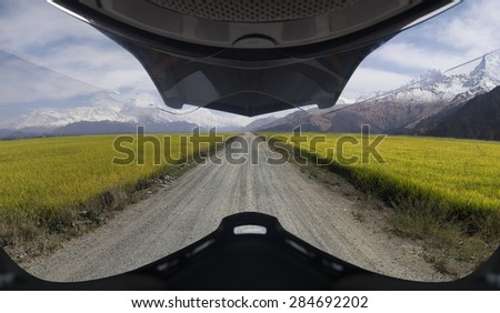 Rice field and himalaya mountain in Helmet view