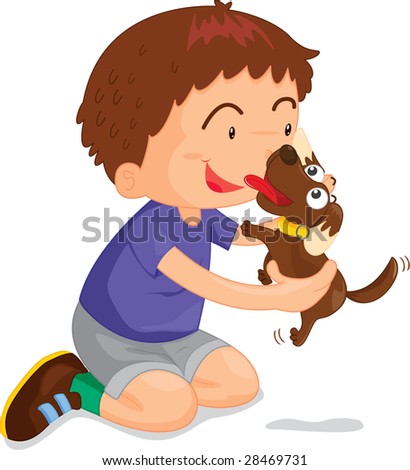 an illustration of a boy playing with his puppy