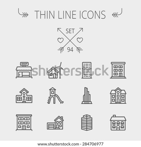 Construction thin line icon set for web and mobile. Set includes -house, playhouse, house with garage, buildings, shop store. Modern minimalistic flat design. Vector dark grey icon on light grey