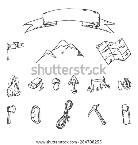 Hand-drawn doodle on the camping theme isolated on white background.