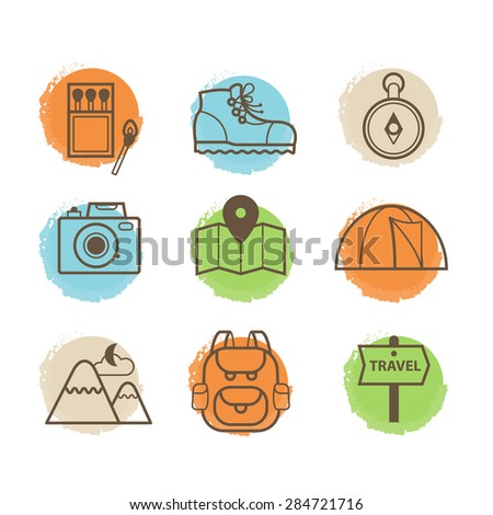 Vector abstract Set of icons of hiking elements: tent, backpack, hiking boots, compass etc